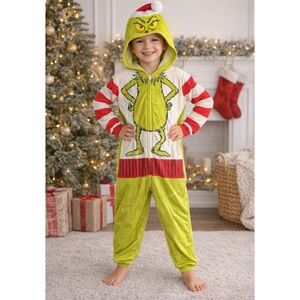 Dr. Seuss Grinch Kids Hooded One-Piece Pajamas / Costume Size Medium (8)